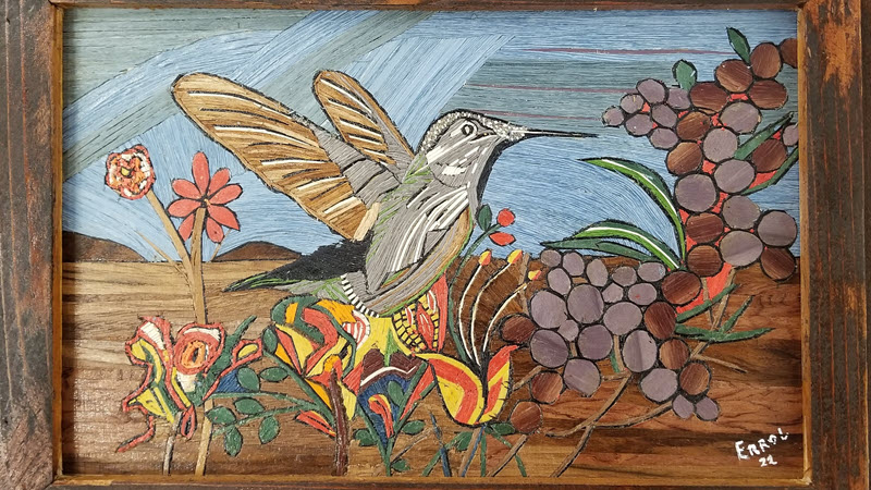 Hummingbird, Marquetry wall art by Errol Bruce